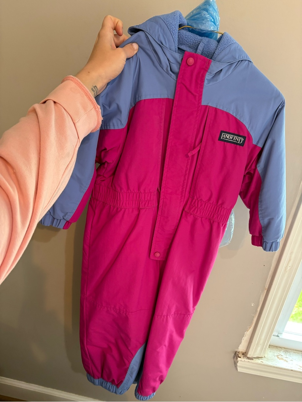Lands' End Girls Pink and Periwinkle Hooded One-Piece Snowsuit